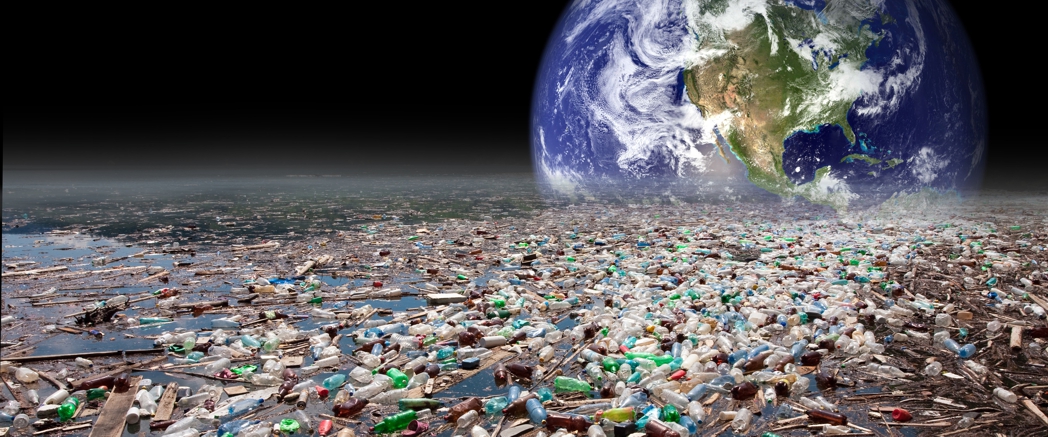 image showing earth sinking in heavy water pollution with tons of plastic containers