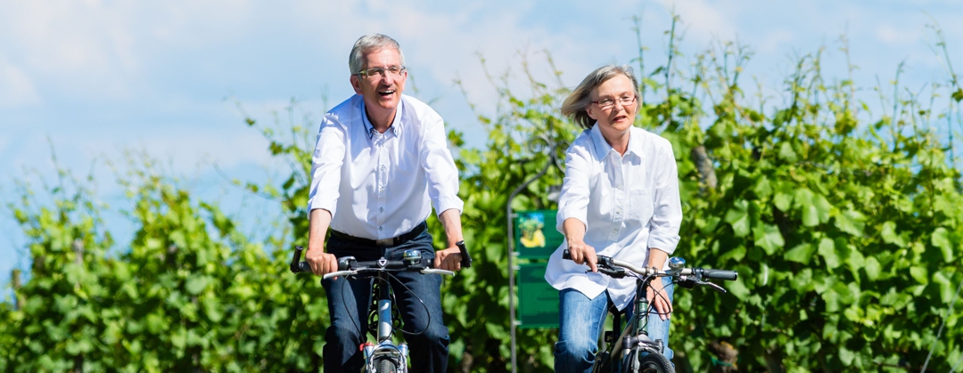 Senior woman and man using bike in summer in vineyard