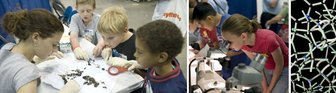 children looking through microscope and through magnifying glass