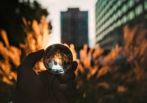 upside down city scene seen through a looking glass