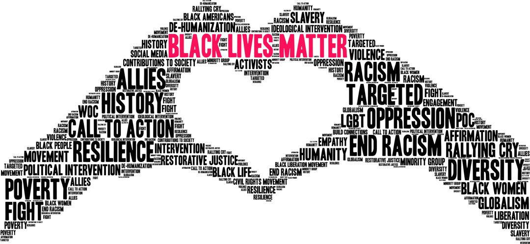 Black Lives Matter graphic made from words of 2 hands coming together to form a heart shape