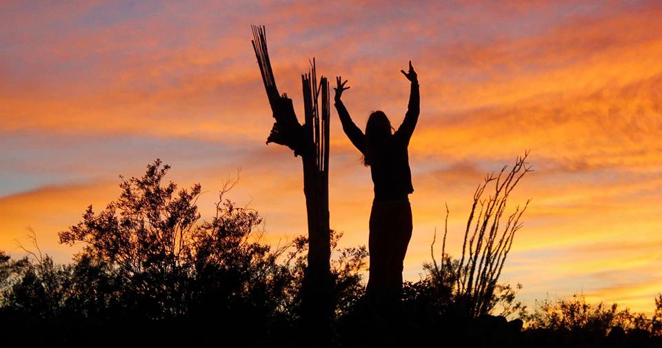 woman standing next to saguaro at sunset