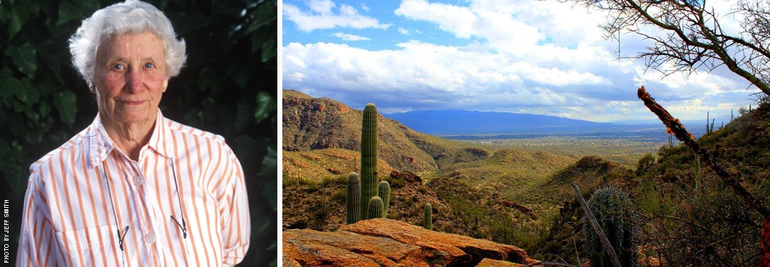 Photo of Agnese Haury by Jeff Smitth and photo of desert scene by Nicci Radhe