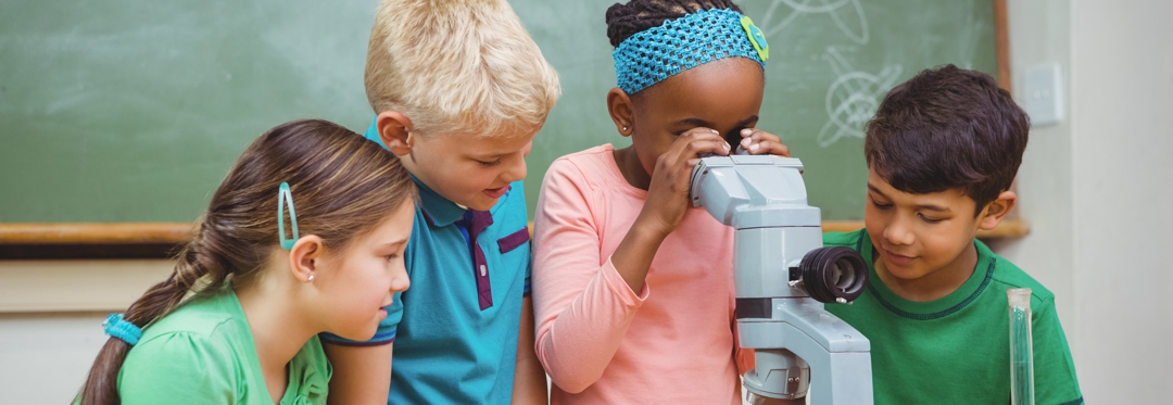 Children, science, looking through microscope