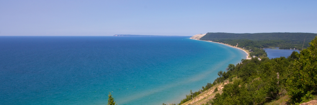 view of Lake Michigan, South Manitou Island, and the back side of Sleeping Bear Sand Dunes