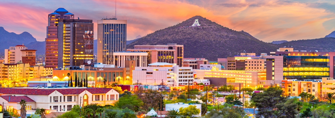 Tucson, Arizona, USA downtown skyline with Sentinel Peak at dusk. (Mountaintop "A" for "Arizona")