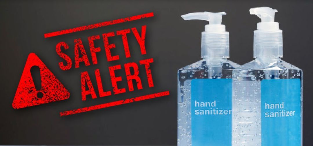"safety alert" and photo to 2 hand santizer bottles