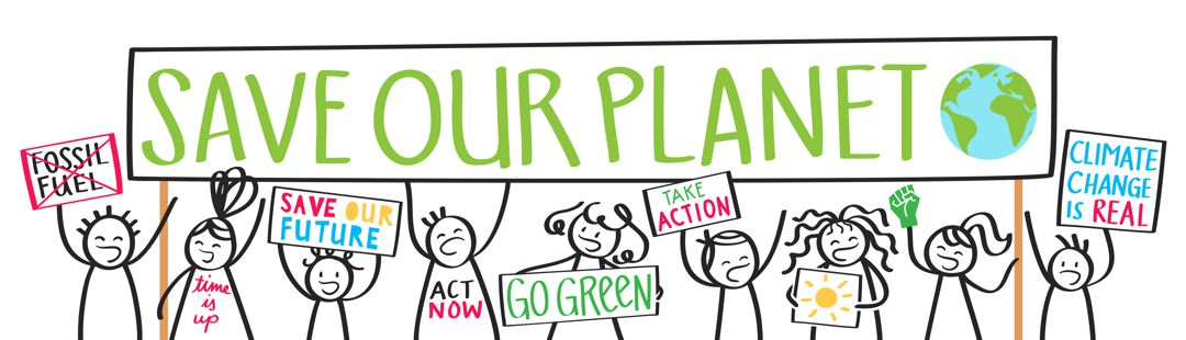 illustrated stick figures holding up a sign that says Save Our Planet