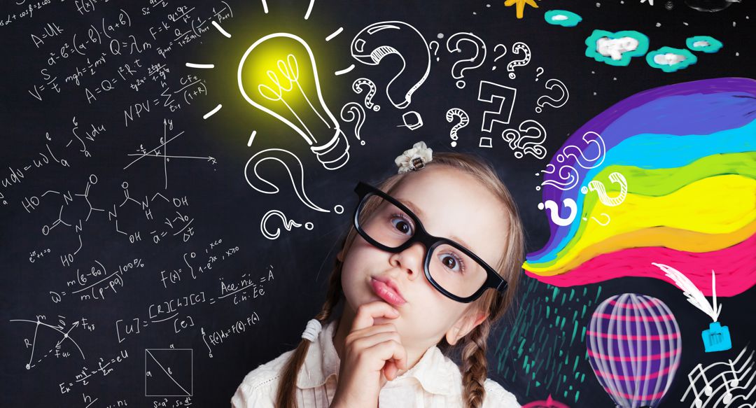 Pensive child school student with yellow lightbulb and school and childhood supplies design elements. Child ideas and development concept