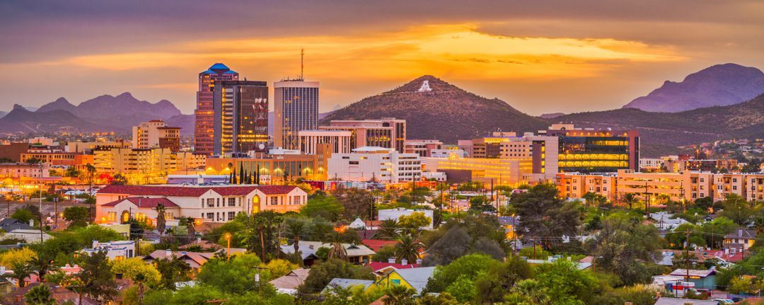 Tucson, Arizona, USA downtown skyline with Sentinel Peak at dusk. (Mountaintop "A" for "Arizona")