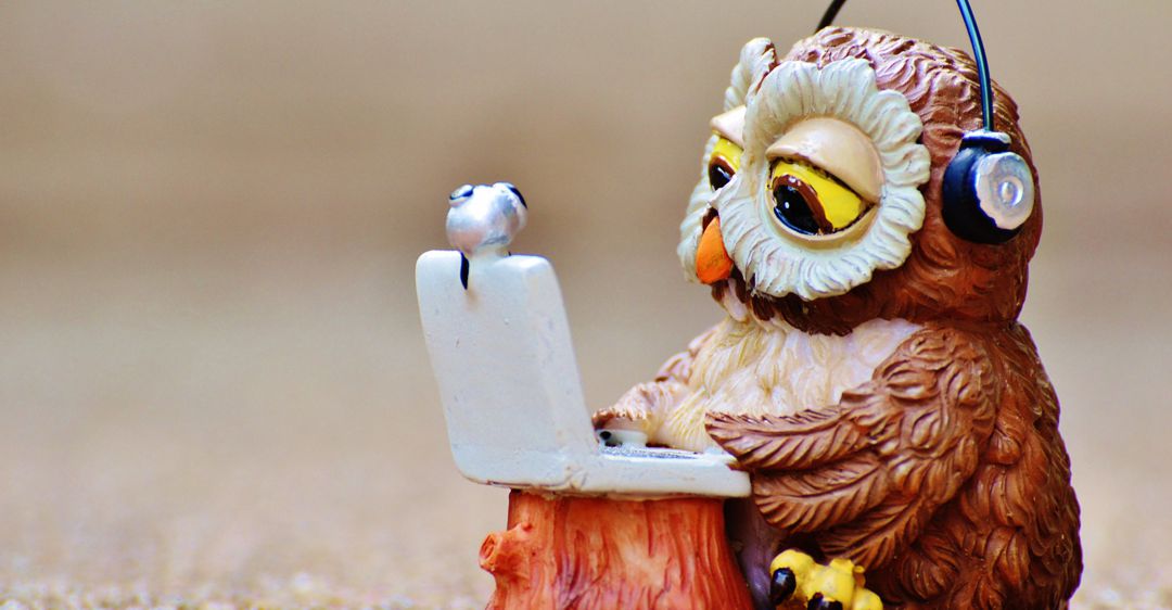 ceramic owl sitting at laptop wearing headset