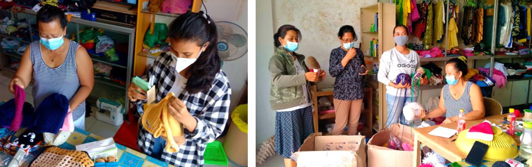 Women in Bali crocheting with yarn from Rotary International yarn project