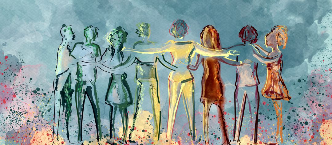 illustration of a group of people standing shoulder to shoulder with their arms around each other